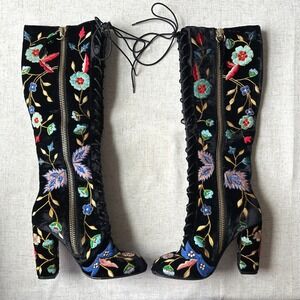 Alice + Olivia Vesey Embroidered Velvet Knee High Lace Up Boots 37